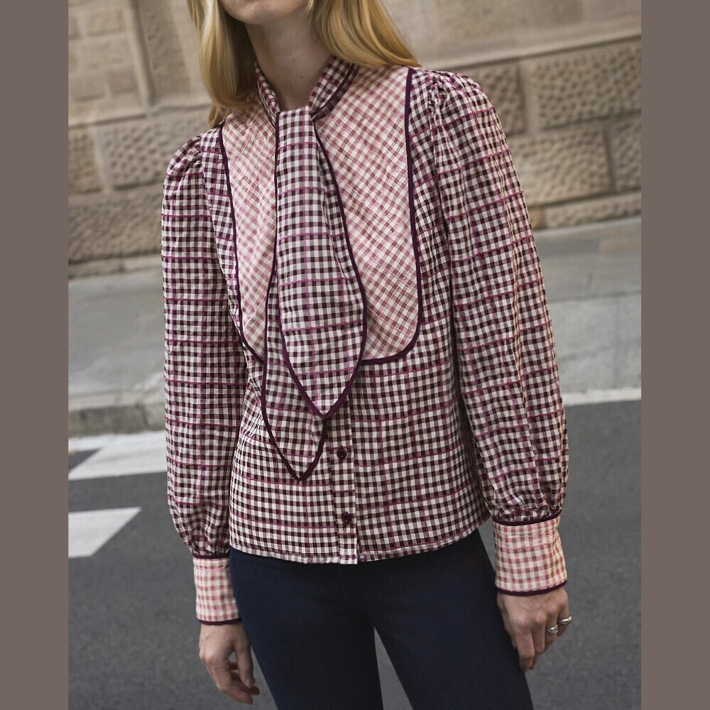 Burgundy / Cream Gingham Tie Neck Button Front Long Sleeve Blouse